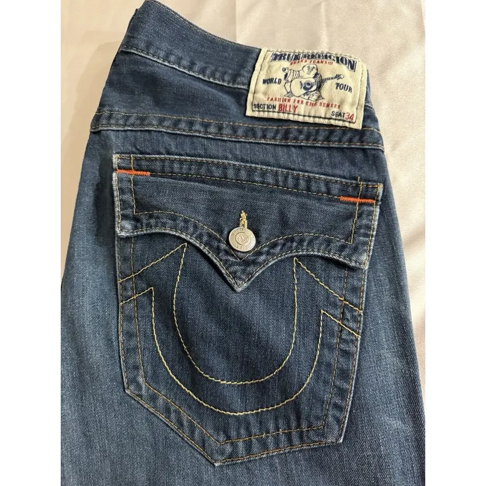 Vintage True Religion Billy Wide Bootcut Jeans Mens 38x32 USA Made Flap Y2K